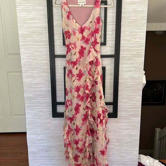 Nina Austin gorgeous feminine 100% silk pink floral dress with ruffle size S max - Picture 1 of 7